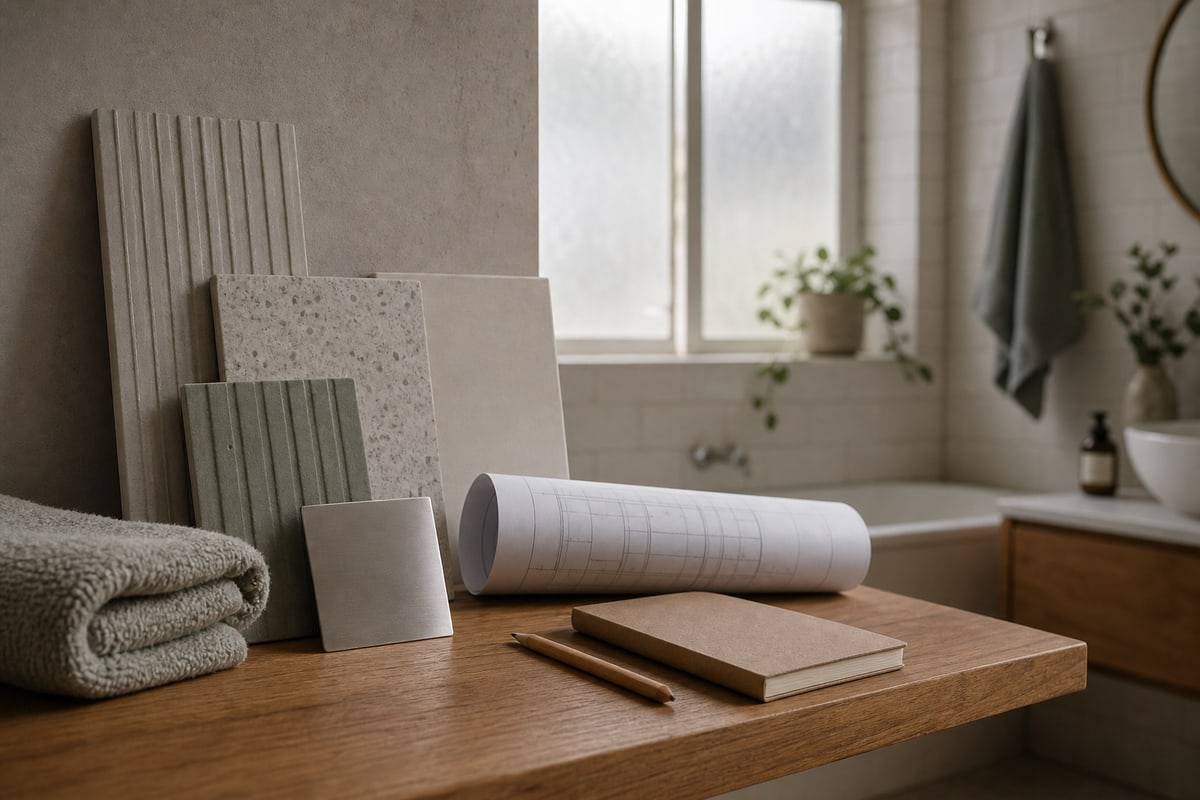 Bathroom material samples, measured plan and notebook arranged for renovation research