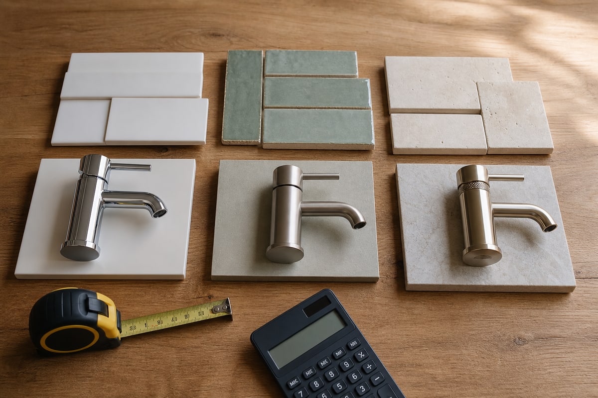 Three unbranded tile and tapware groups progressing from simple to premium beside a tape measure and calculator