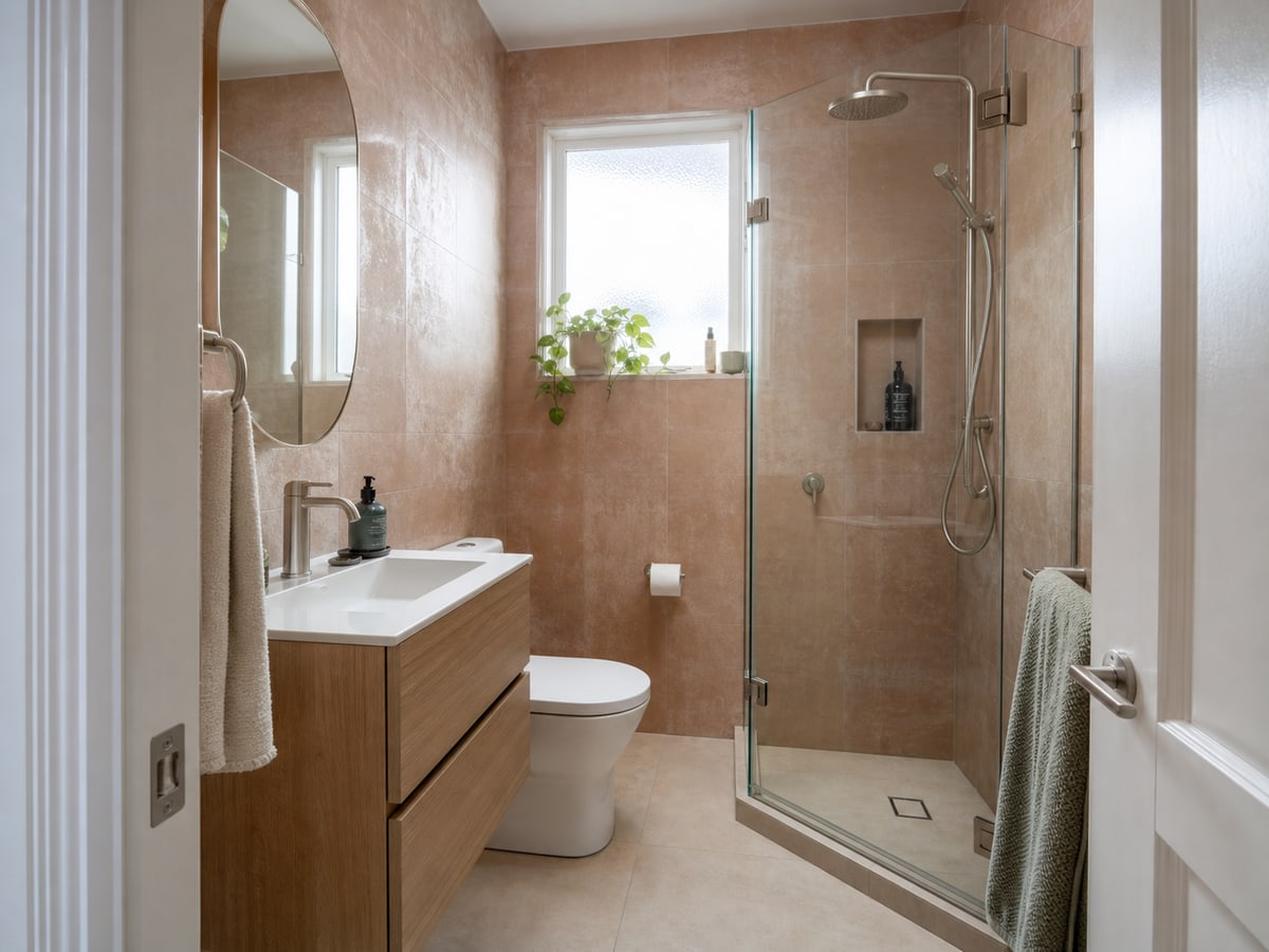 Compact clay-tiled ensuite with vanity, toilet and corner shower