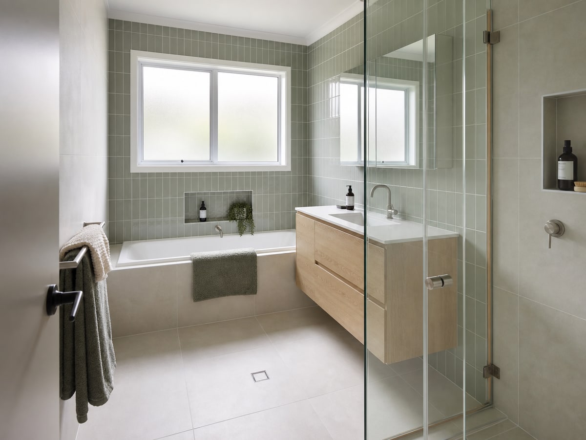 A rebuilt family bathroom with built-in bath, walk-in shower, timber vanity and sage tiles
