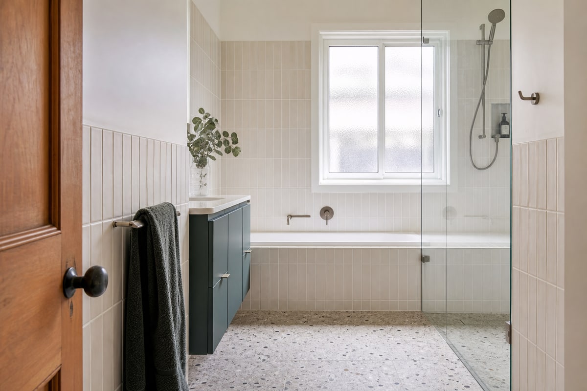 Editorial concept of a practical renovated family bathroom with terrazzo floor and a dark green vanity