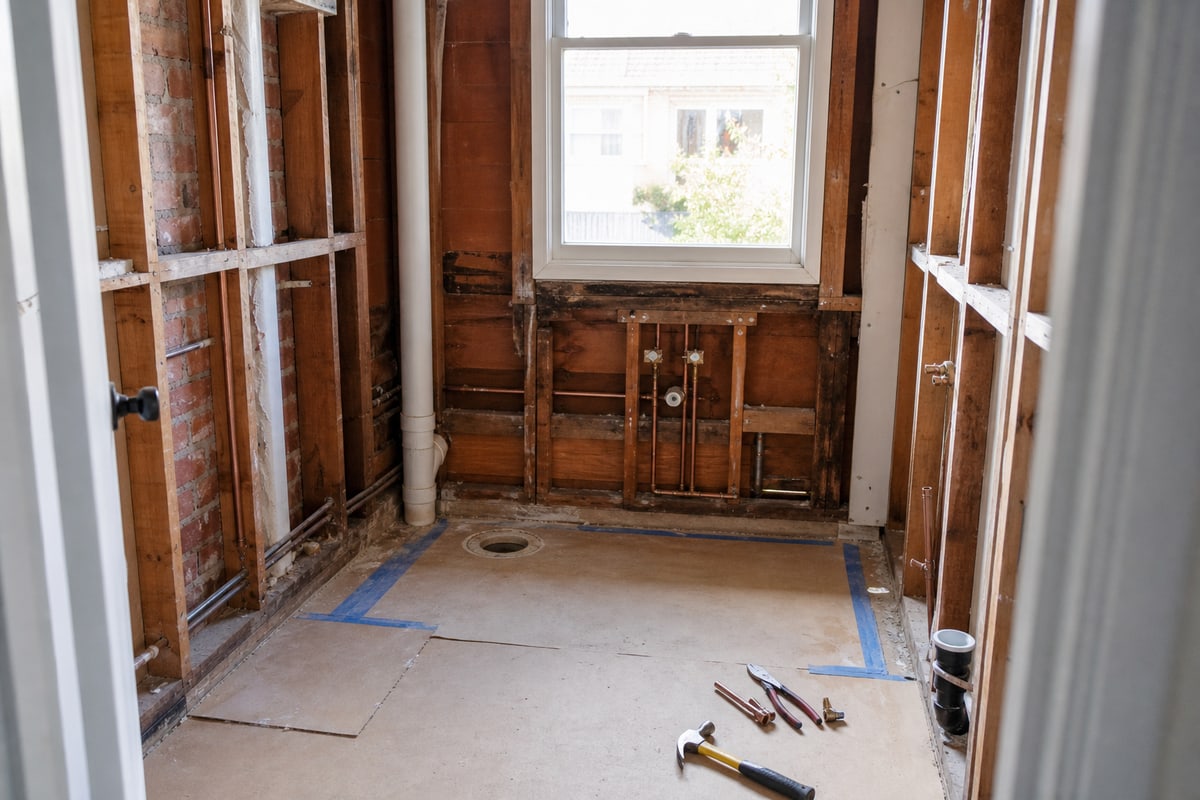 Bathroom stripped back to timber studs and plumbing during a renovation, with water staining visible below the window