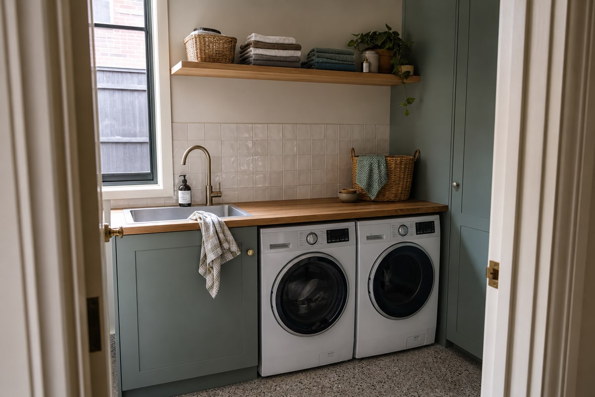 Compact renovated laundry with green cabinetry and timber worktop