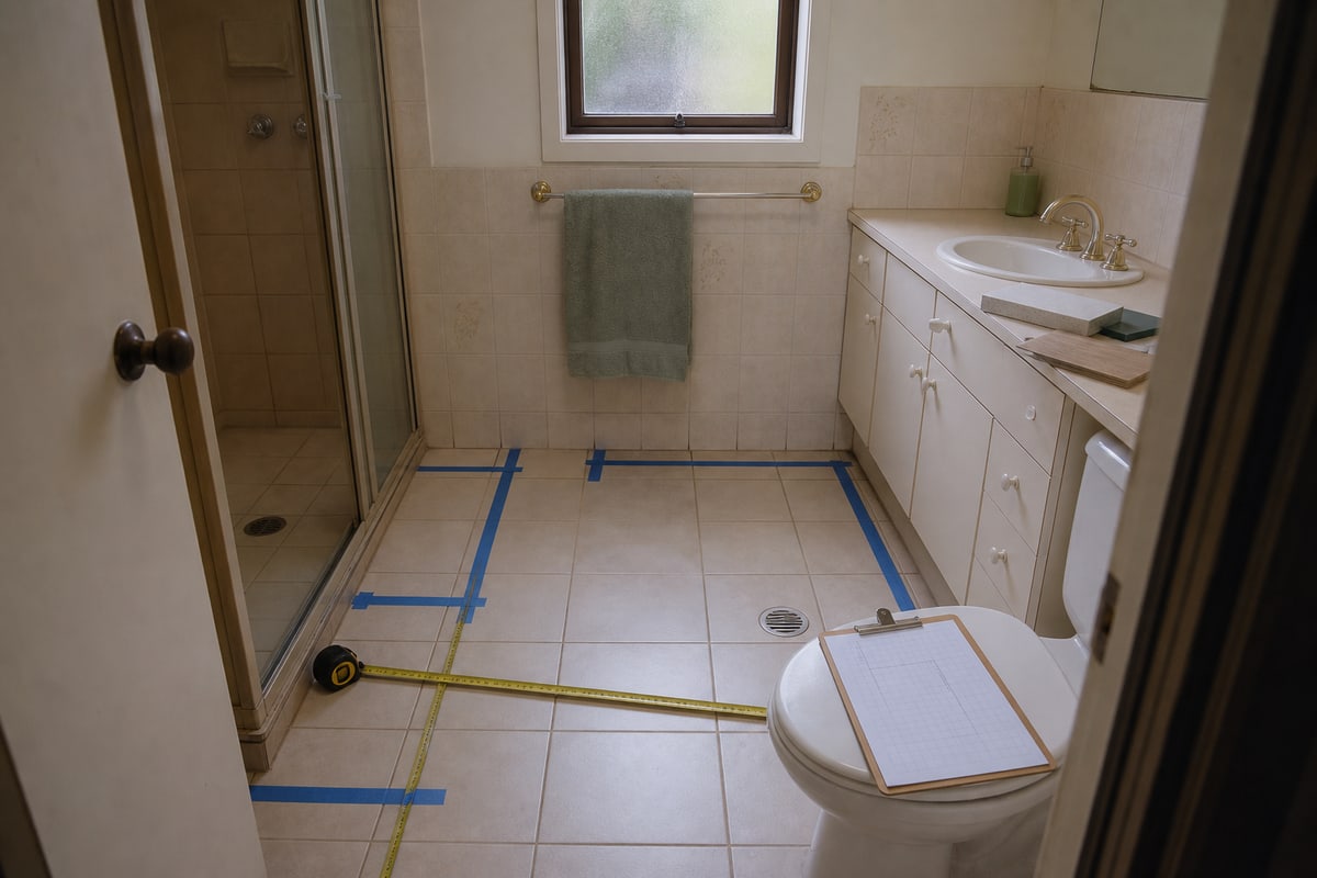 An older bathroom measured with tape and marked with removable floor tape for layout planning