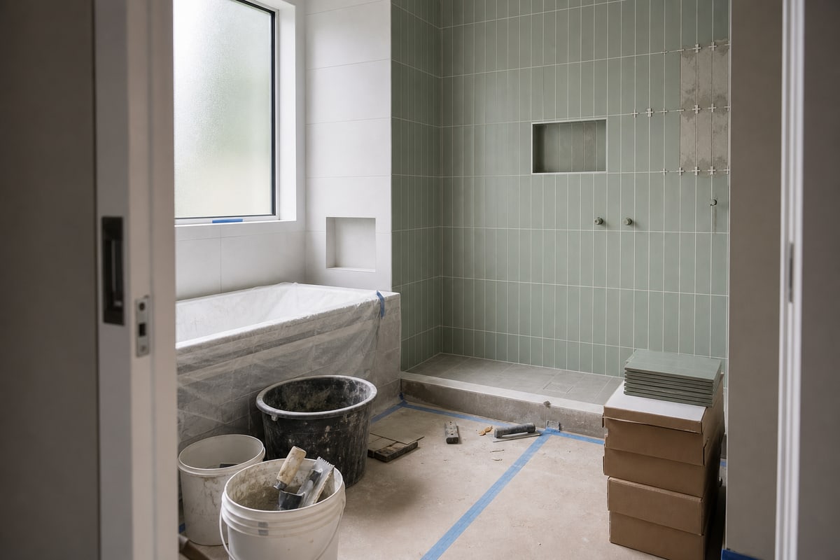Bathroom midway through tiling with protected bath, tile boxes and tools